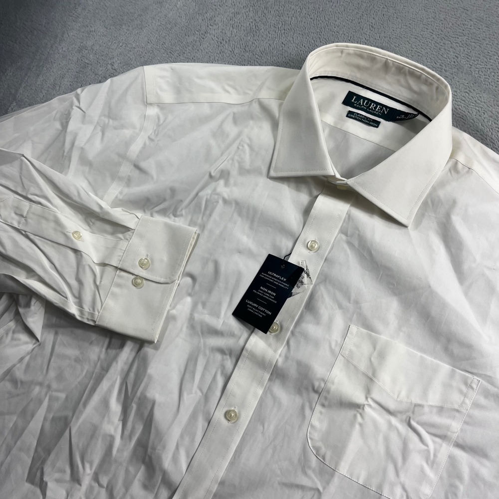 Lauren Ralph Lauren Mens White Dress Shirt 18 36/37 Classic Fit Non-Iron Stretch
